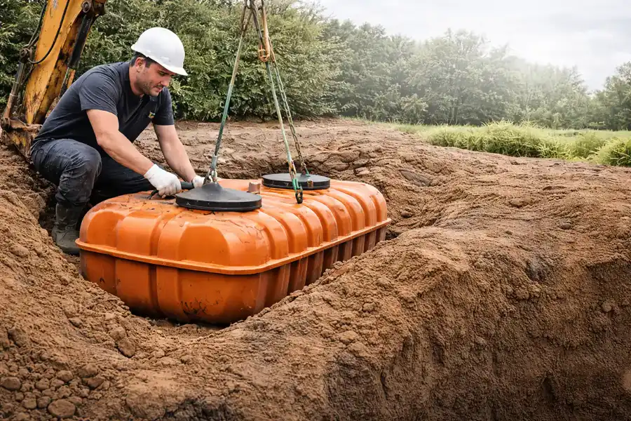 Operario colocando una fosa séptica de oxidación total en la excavación